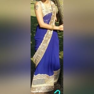 Elegant Navy Blue and Gold Sari